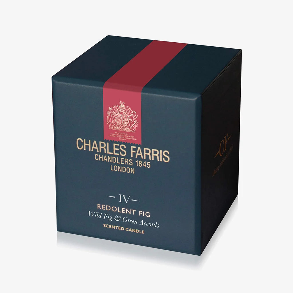 Charles Farris scented candle box with a red stripe on a white background