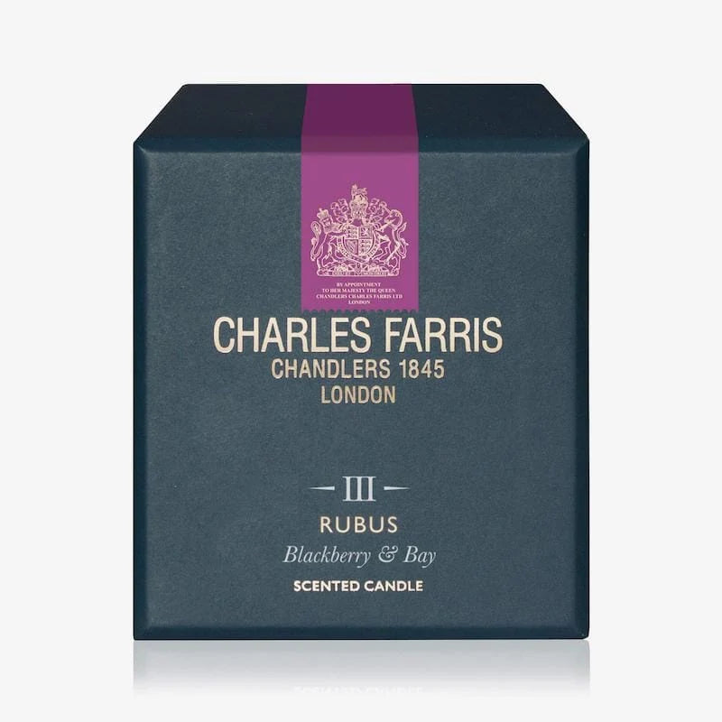 Dark blue box with purple stripe featuring Charles Farris branding on a white background