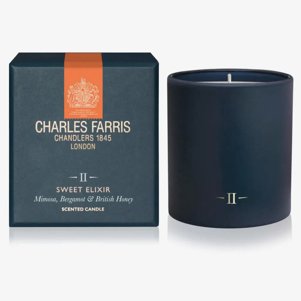 Charles Farris scented candle and packaging on a white background