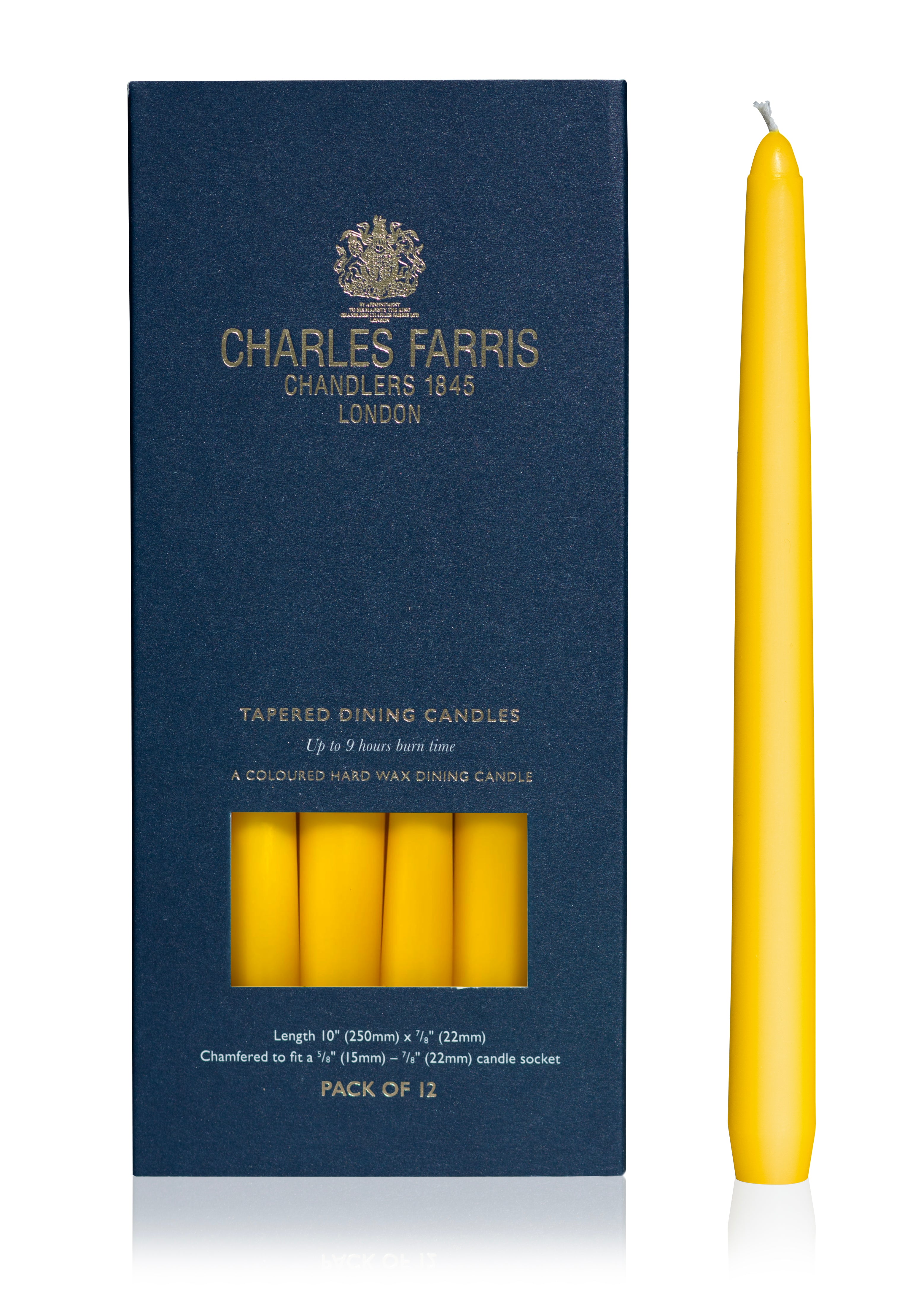 Charles Farris box of 12 buttercup yellow tapered dinner candles hand made in England 