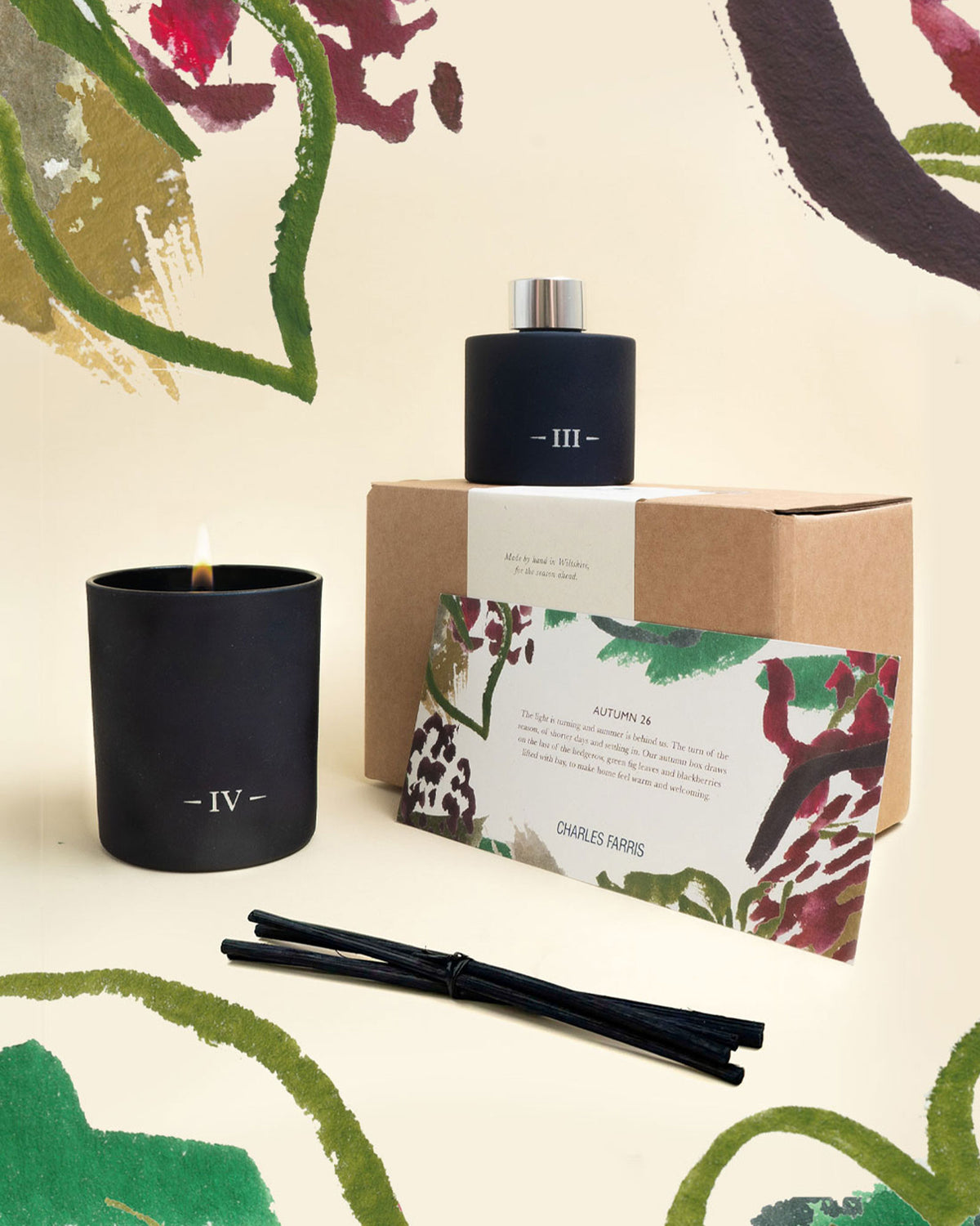 Charles Farris A Candlemaker's Year autumn subscription box with scented candle, reed diffuser and illustrated card