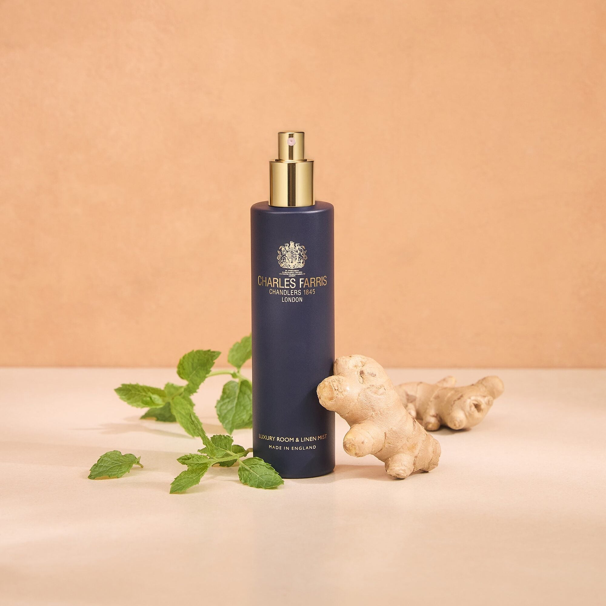 Charles Farris British Expedition clove, tobacco, mint room mist scented home spray in navy blue bottle.