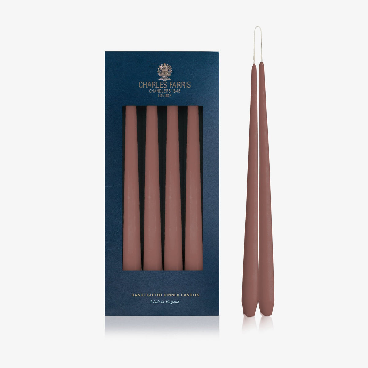 Charles Farris Dark Linen hanging pair dinner candles in their navy box, with one pair joined at the wick, made in England