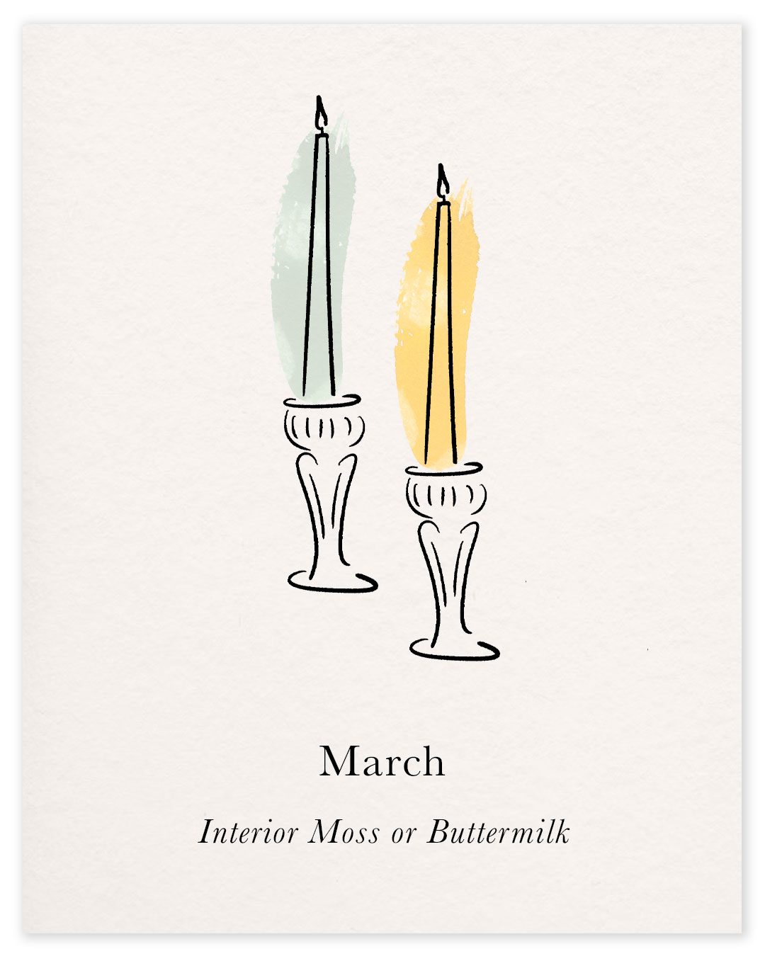 Watercolour illustration of two dinner candles in Interior Moss and Buttermilk, the March colours in the Charles Farris dinner candle subscription