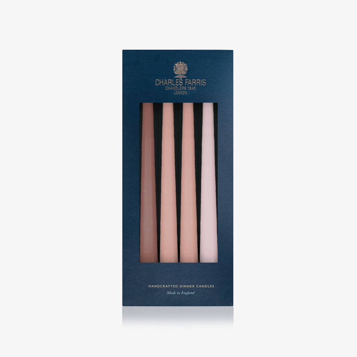 Charles Farris dusty pink tonal hanging pair dinner candles in dusky rose, peach pink and pale blush, three pairs in their navy box, made in England
