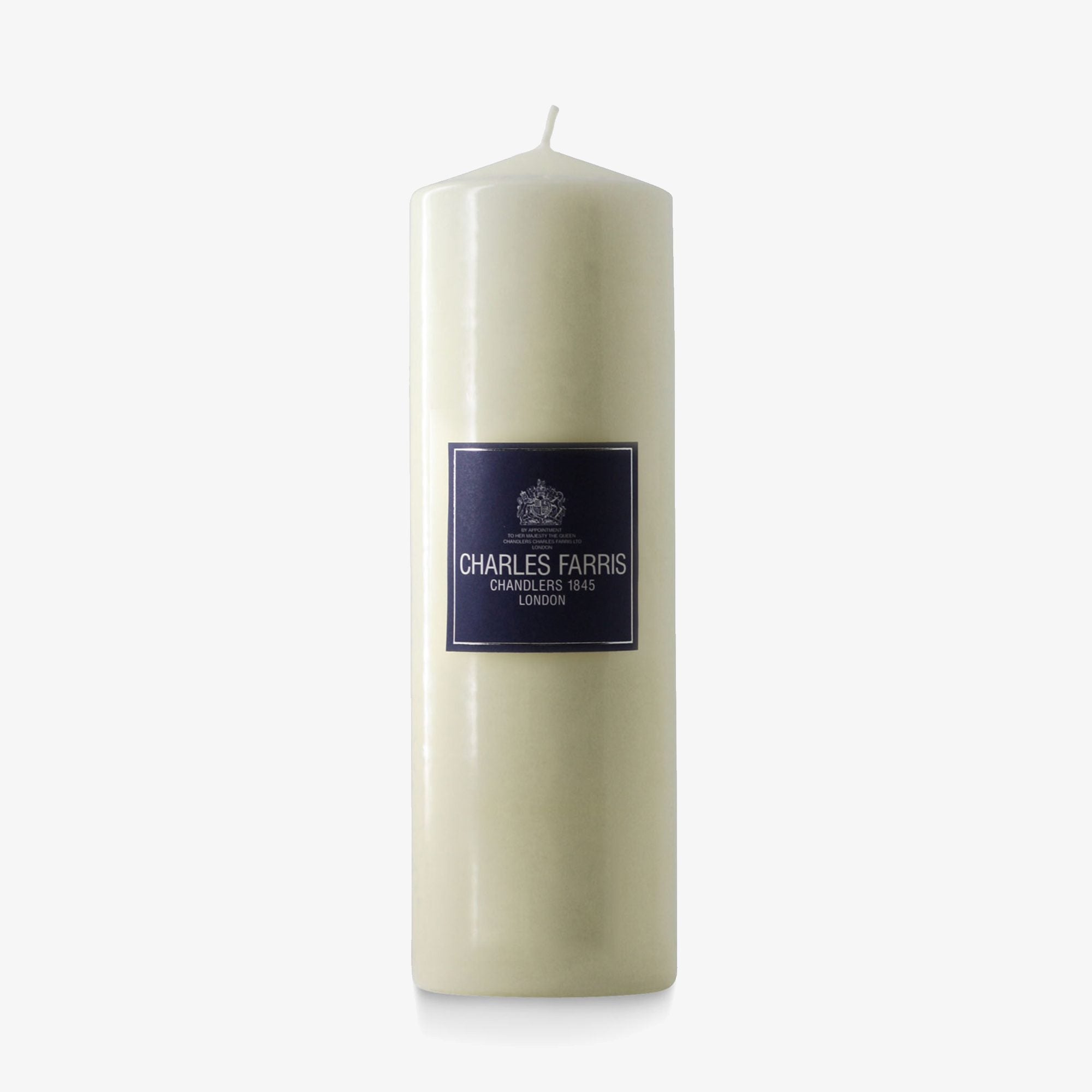 Charles Farris ivory pillar altar candle, 3 x 10 inches, with navy Chandlers 1845 London label