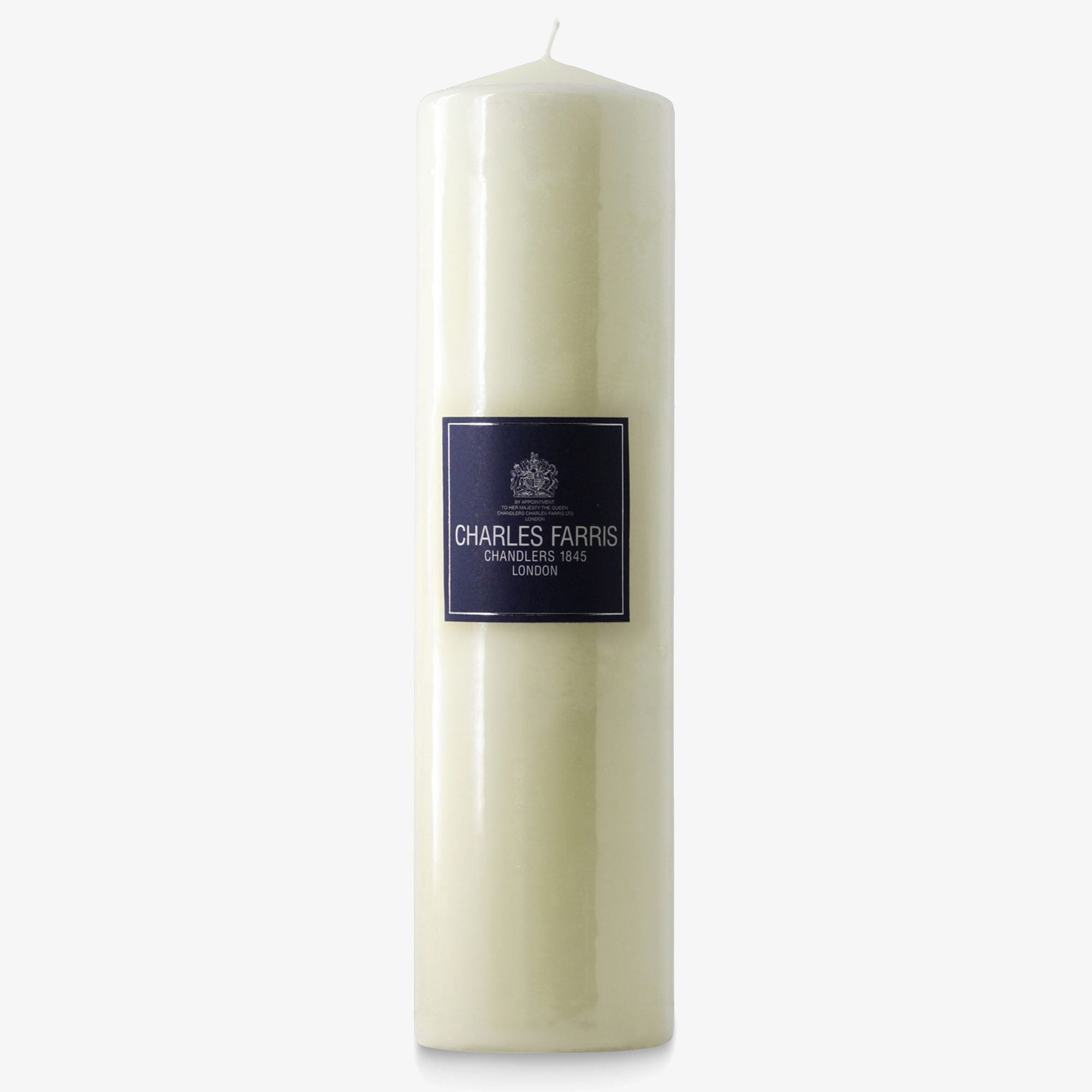 Charles Farris ivory pillar altar candle, 3 x 12 inches, with navy Chandlers 1845 London label