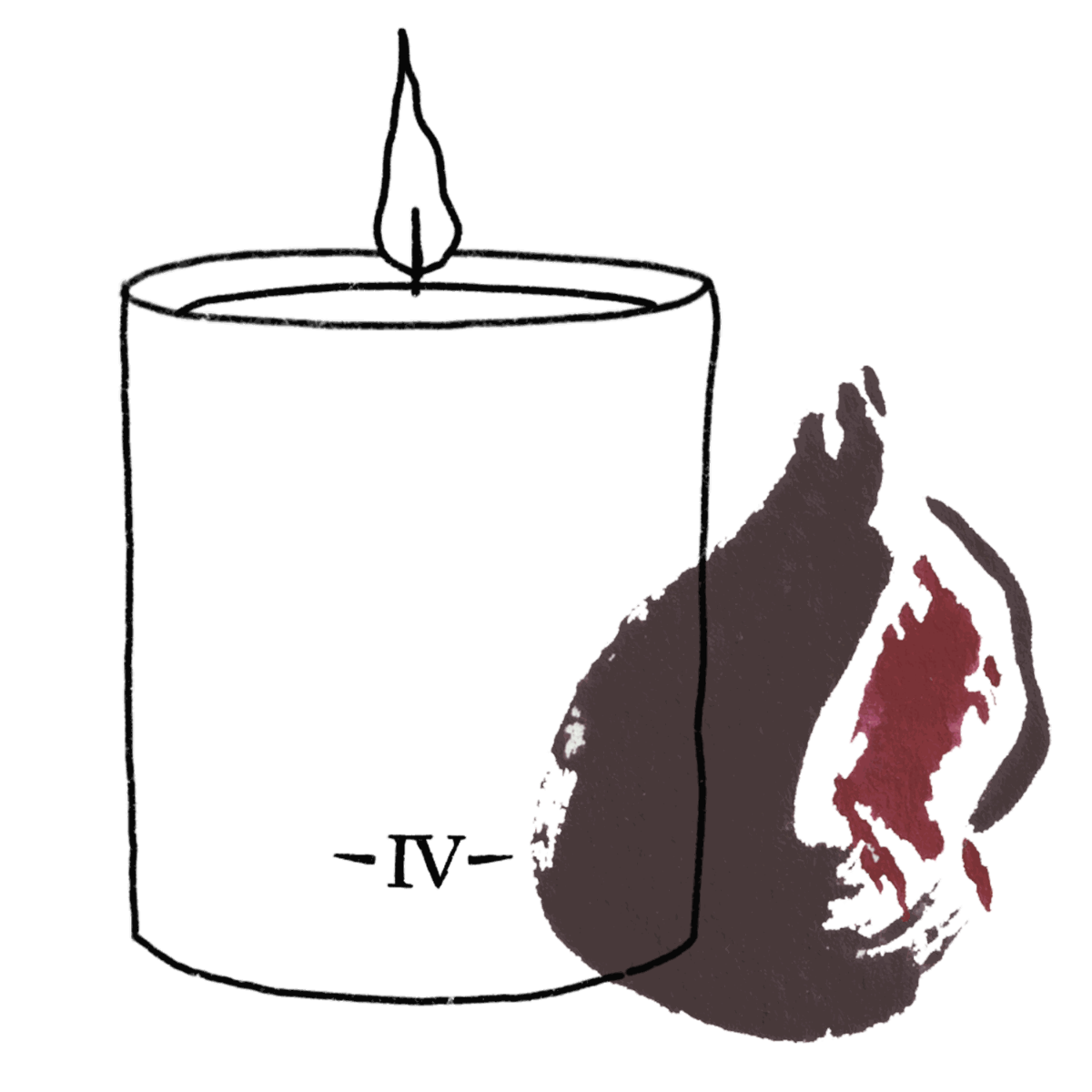 Line illustration of the Redolent Fig candle with a painted fig in deep plum and red