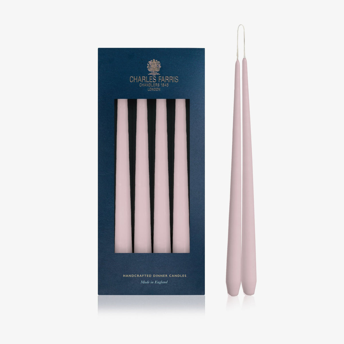 Charles Farris Rose Blush hanging pair dinner candles in their navy box, with one pair joined at the wick, made in England