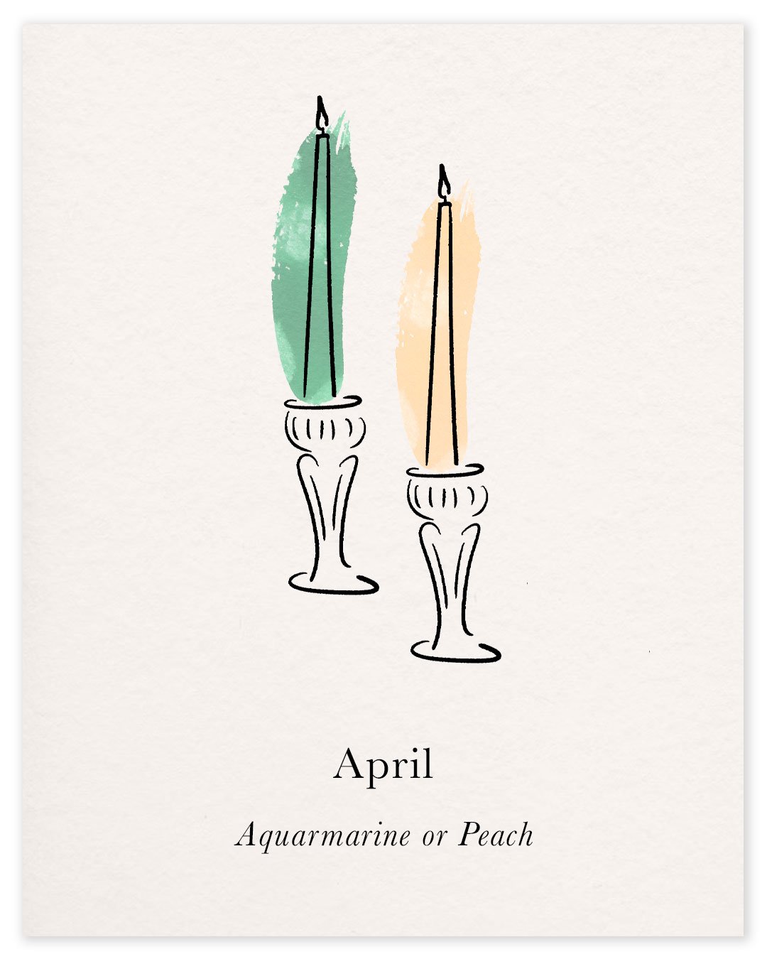 Watercolour illustration of two dinner candles in Aquamarine and Peach, the April colours in the Charles Farris dinner candle subscription