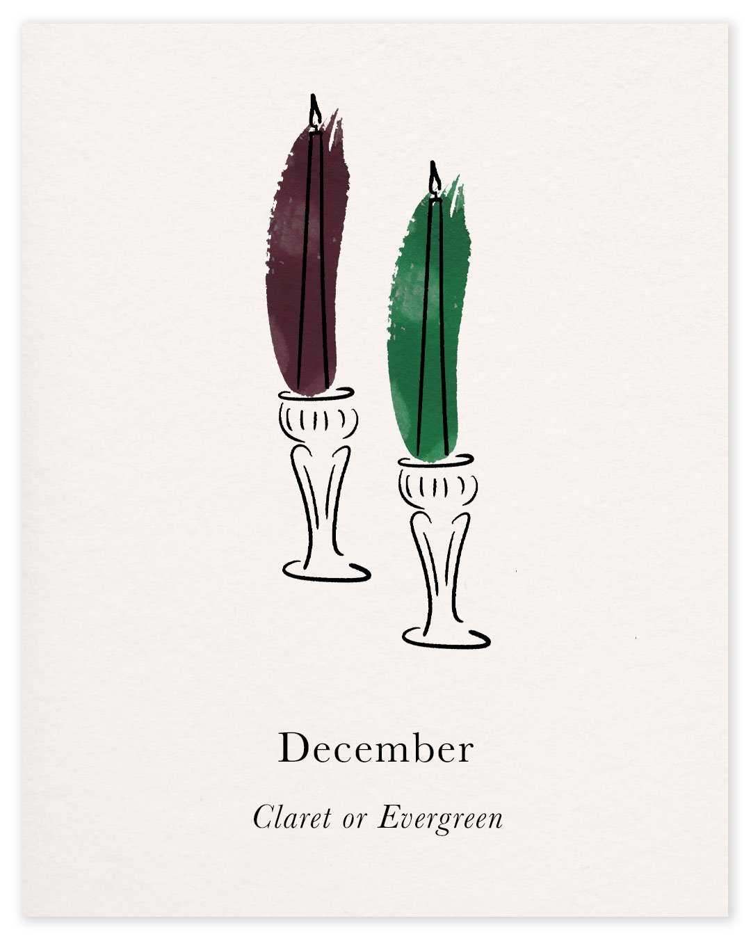 Watercolour illustration of two dinner candles in Claret and Evergreen, the December colours in the Charles Farris dinner candle subscription