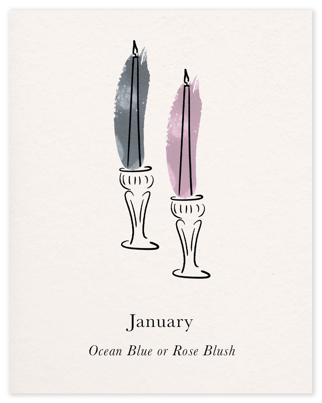 Watercolour illustration of two dinner candles in Ocean Blue and Rose Blush, the January colours in the Charles Farris dinner candle subscription