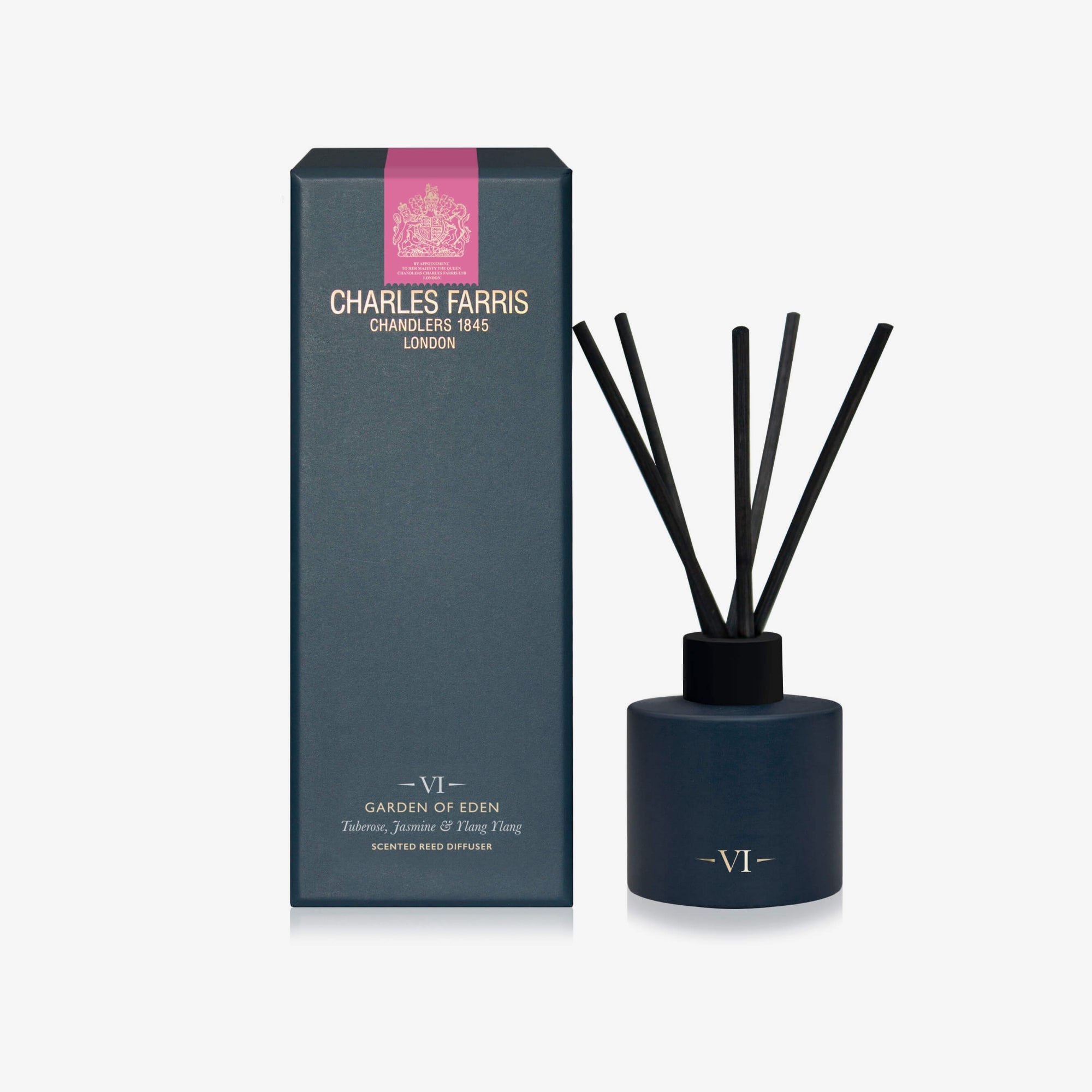 Diffuser with black reeds and a blue container on a white background, featuring the brand 'Charles Farris'.