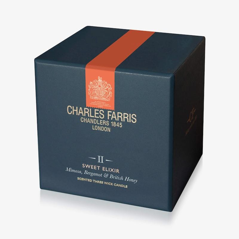 Blue candle box with orange stripe featuring Charles Farris branding on a white background