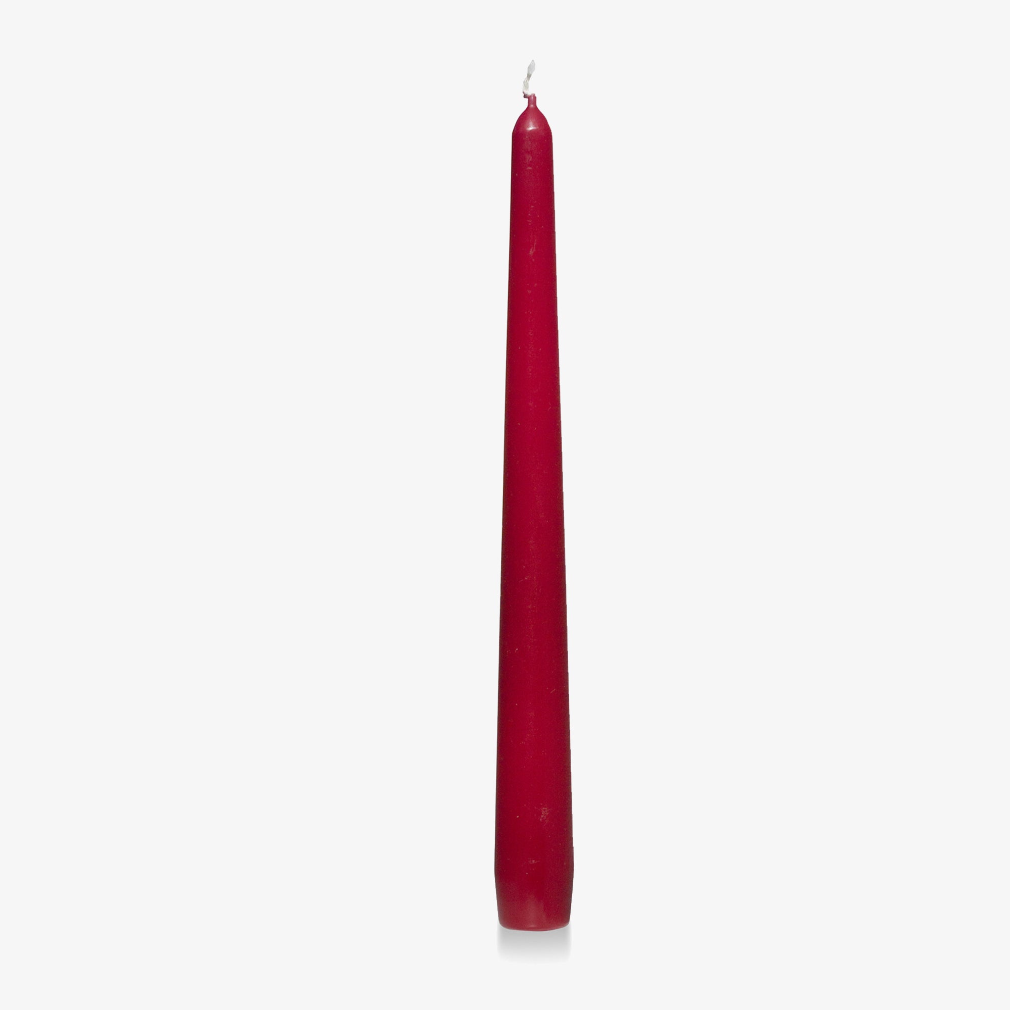 Charles Farris wine red tapered dinner candle on a white background, 9 hour burn, made in England