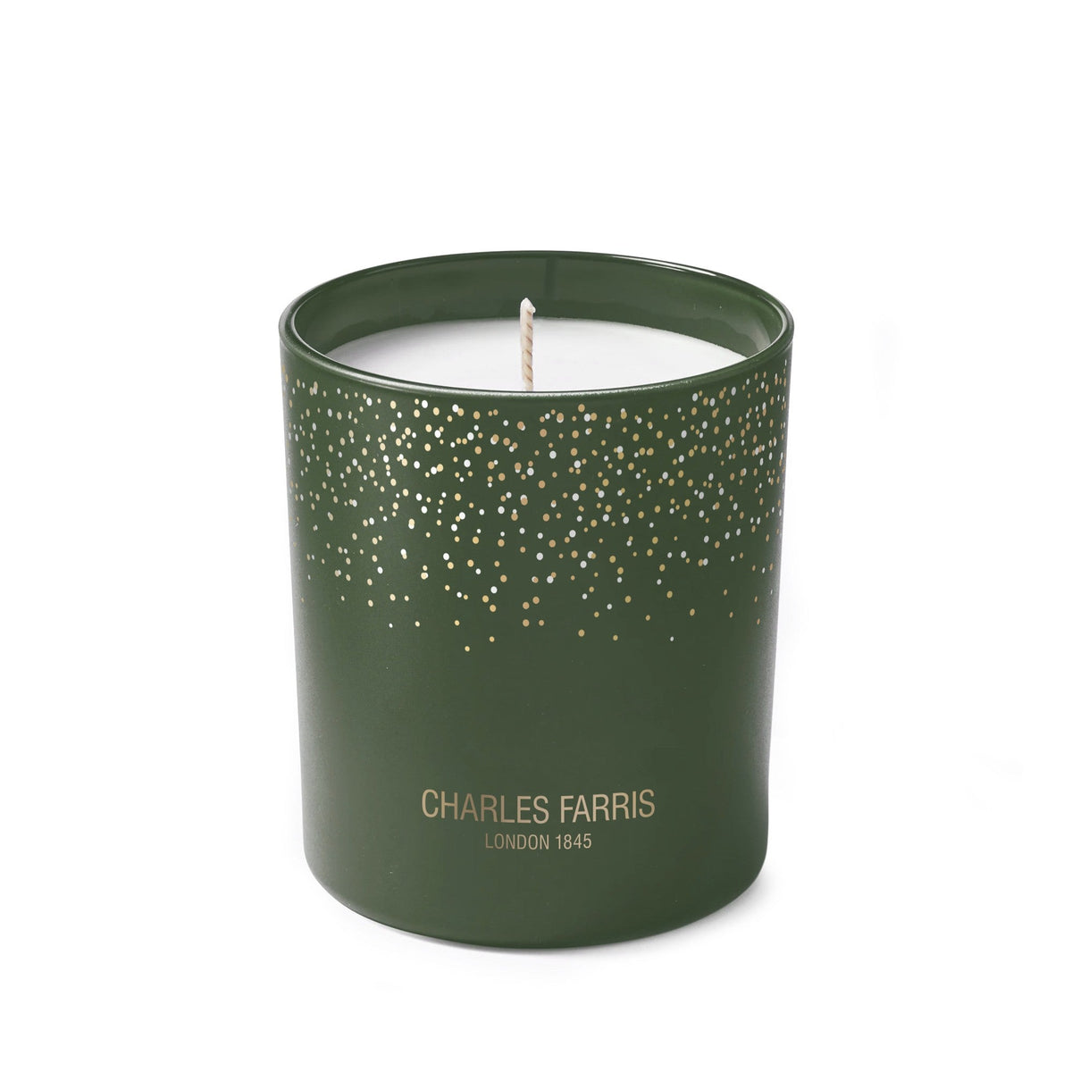 Charles Farris Winter Evergreen Christmas cracker candle, rear view, in eucalyptus, pine, cranberry and cedar