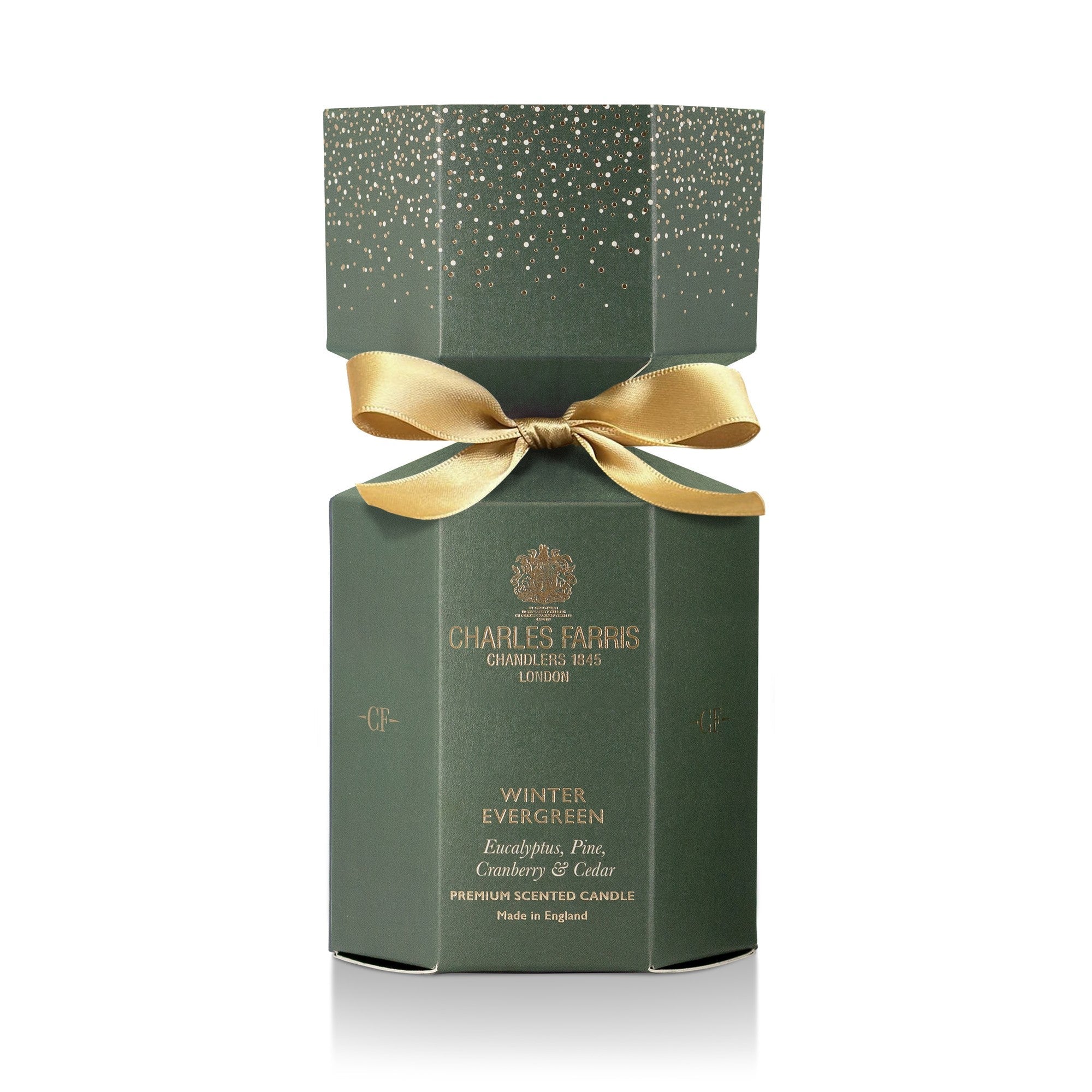 Charles Farris Winter Evergreen Christmas cracker candle gift box in eucalyptus, pine, cranberry and cedar
