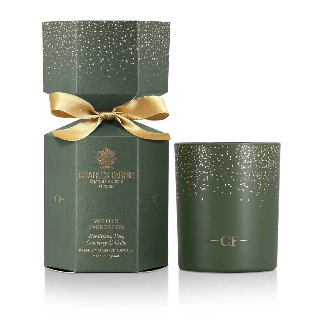 Charles Farris Winter Evergreen Christmas cracker candle with candle, duo, in eucalyptus, pine, cranberry and cedar
