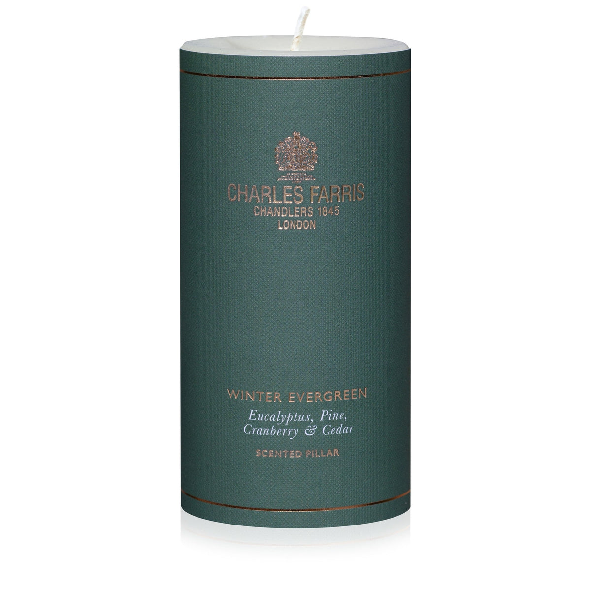 Charles Farris Winter Evergreen pillar candle in eucalyptus, pine, cranberry and cedar