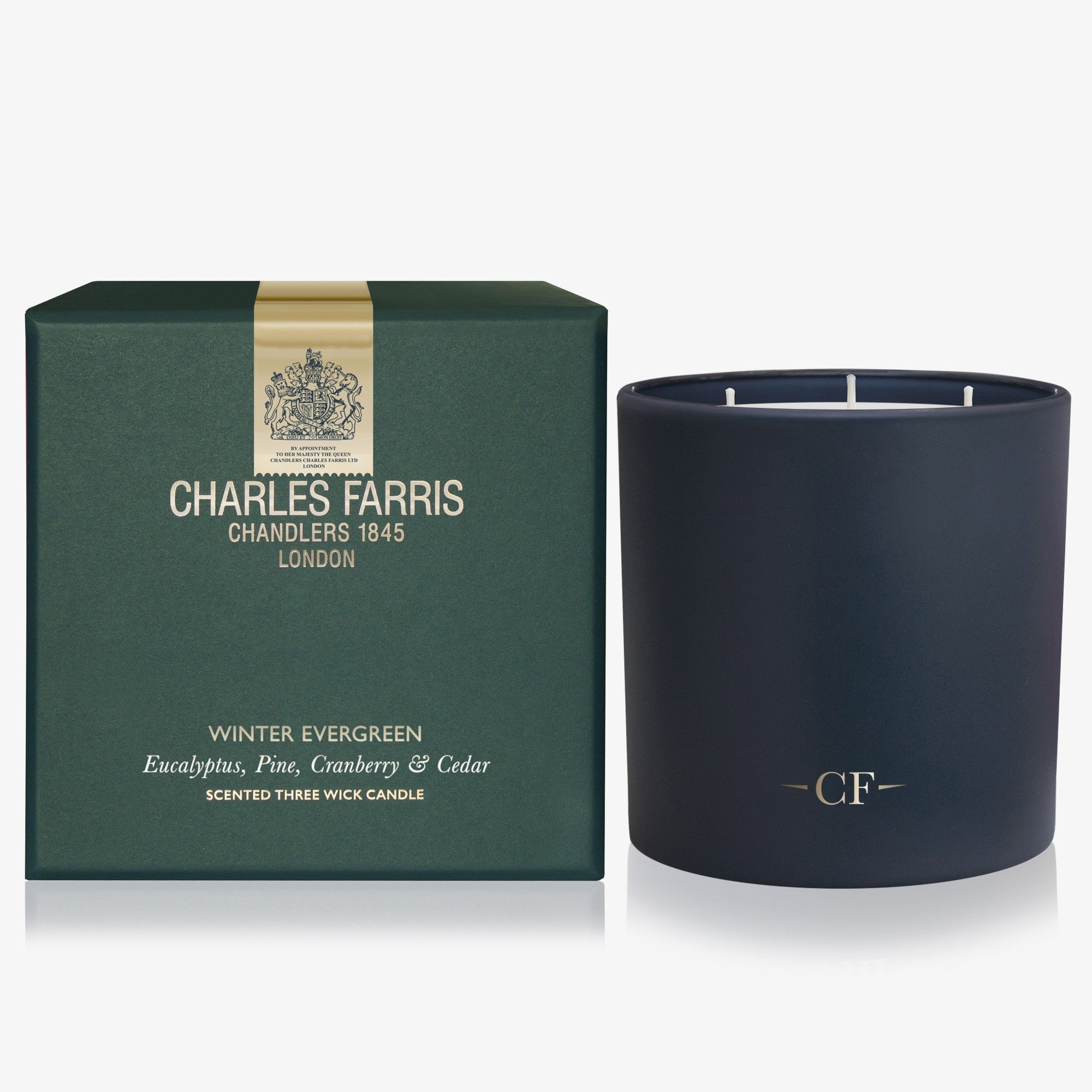 Charles Farris Winter Evergreen three-wick candle duo in eucalyptus, pine, cranberry and cedar