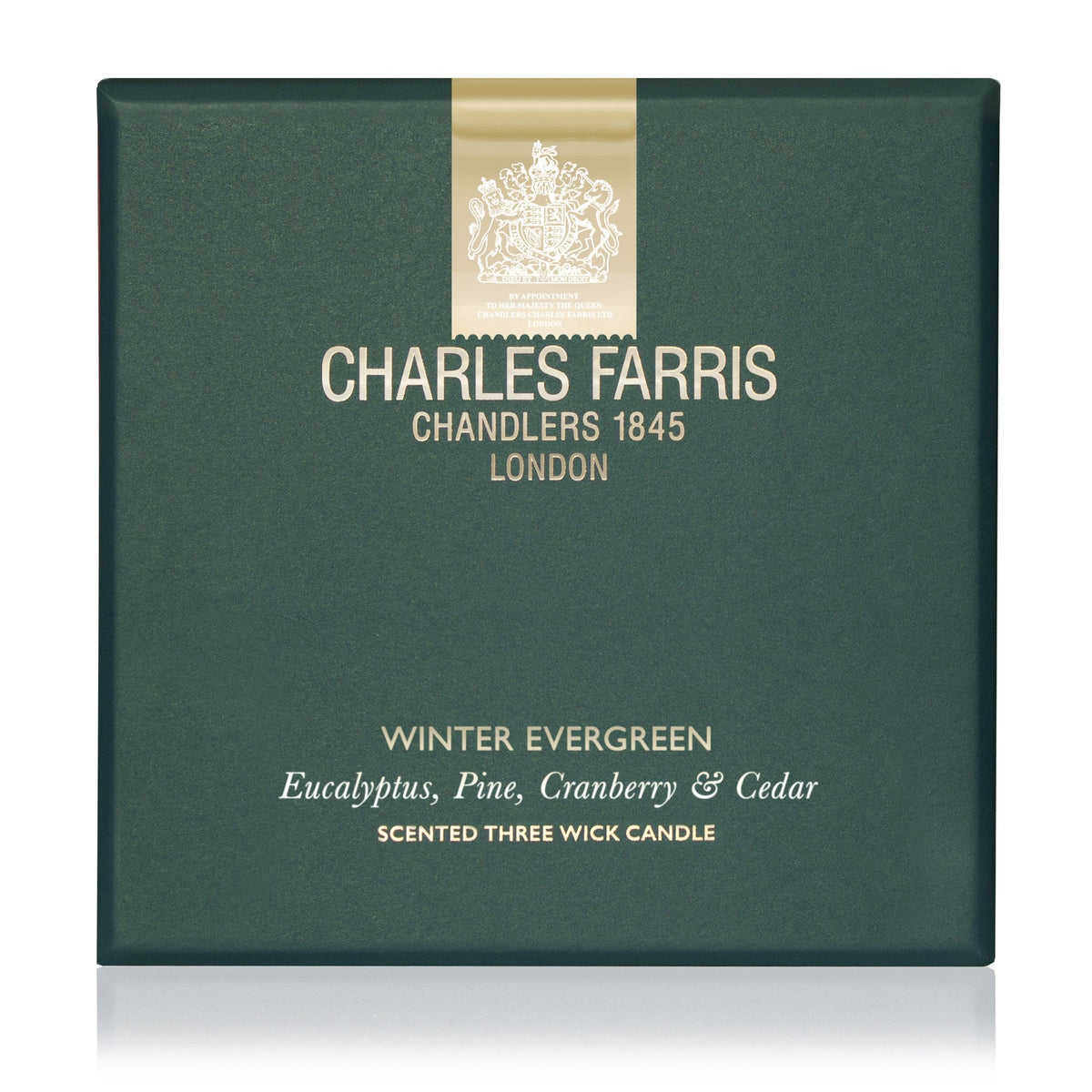 Charles Farris Winter Evergreen three-wick candle in eucalyptus, pine, cranberry and cedar